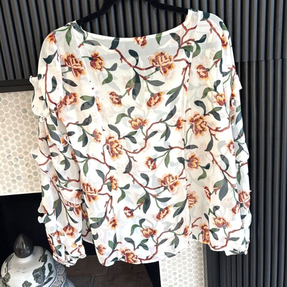 Ann Taylor Floral Keyhole Blouse Womens XS Tiered Ruffle Sleeve Cream Orange